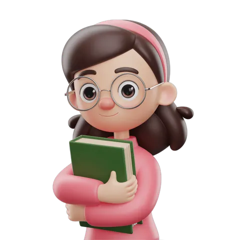 Cute cartoon girl with glasses holding green book for educational and children content PNG