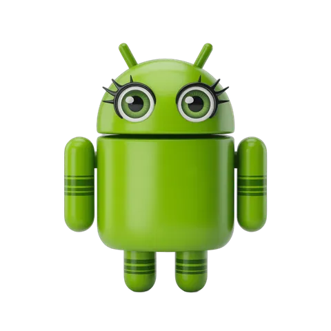 Cute green android robot mascot character with big eyes for mobile app logo or digital marketing PNG
