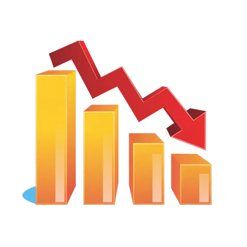 Declining sales performance bar chart with downward arrow graphic element for business reports PNG