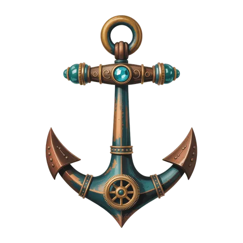 Detailed 3d cartoon anchor graphic element with steampunk gears for nautical themes and vintage illustrations PNG