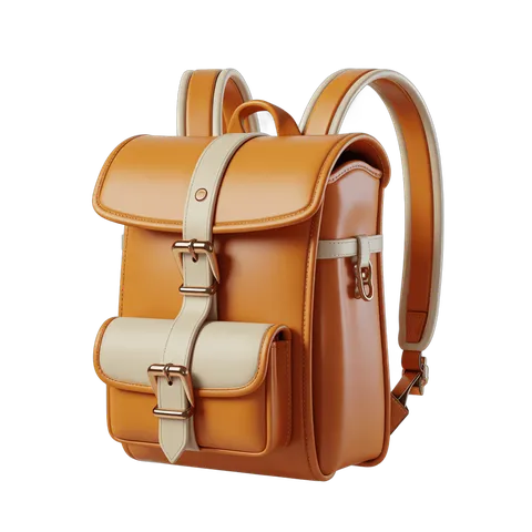 Elegant brown leather backpack with tan accents isolated on transparent background for digital design PNG