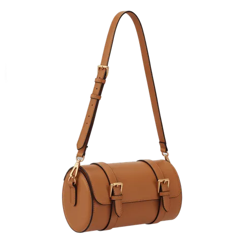 Elegant tan leather crossbody bag with buckle closure for professional women daily use PNG