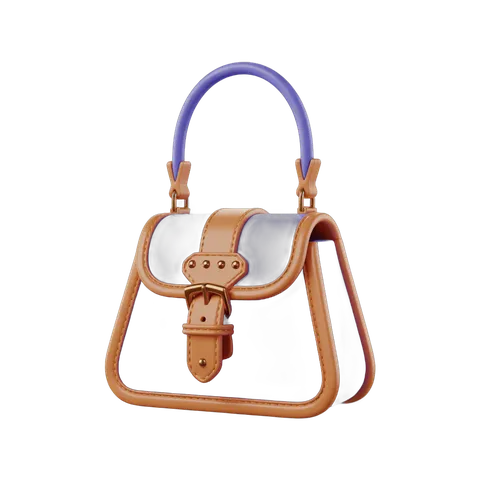 Elegant tan leather handbag with purple strap isolated clipart for fashion design and branding PNG