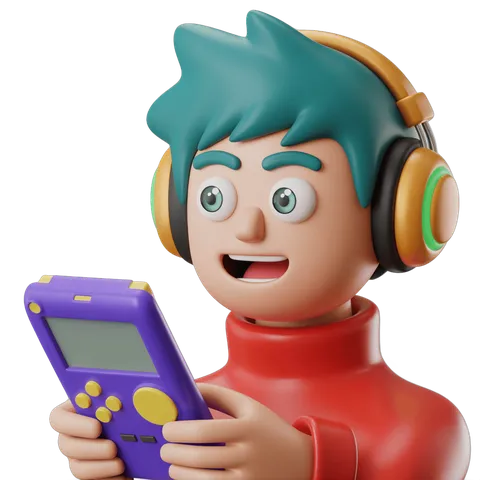 Excited cartoon boy playing retro purple handheld game console with headphones PNG