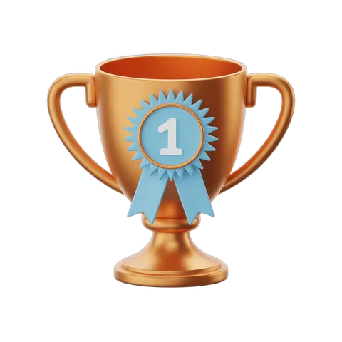 First place award trophy with blue ribbon and number one badge for competition winners PNG