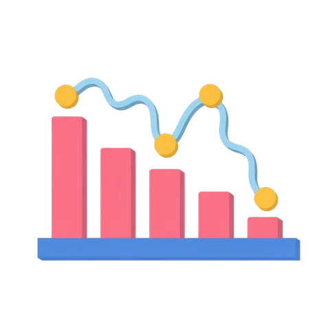 Flat design bar chart with line graph showing business growth and decline for presentations and reports PNG