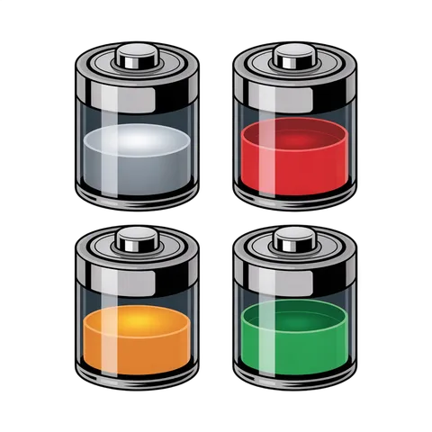 Four color-coded battery level indicators for energy status infographics and app icons PNG