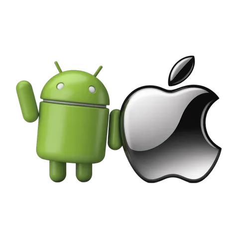 Friendly android robot holding apple logo isolated transparent background clipart graphic element PNG