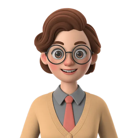 Friendly cartoon woman with glasses smiling in sweater and tie for presentations and educational content PNG