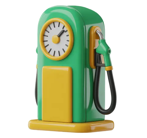 Funny green gas pump clock toy with yellow base and black hose for playful office decor or kids room PNG