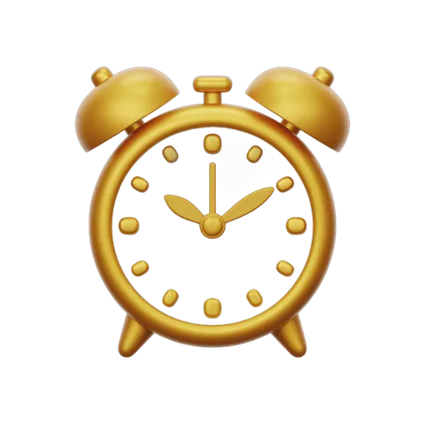 Gold alarm clock illustration for time management and productivity designs PNG