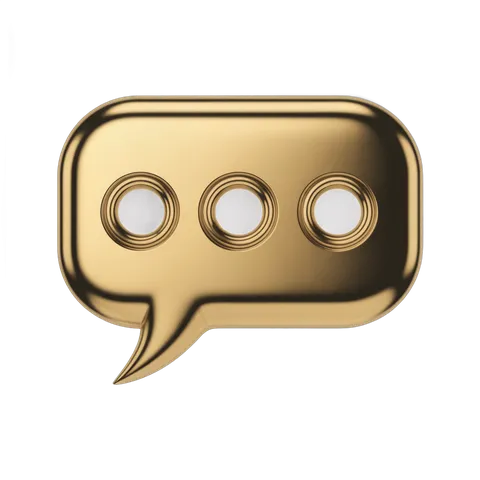 Golden 3d speech bubble with three circles for conversation or communication design elements PNG