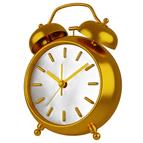 Golden alarm clock illustration for time management and productivity designs PNG