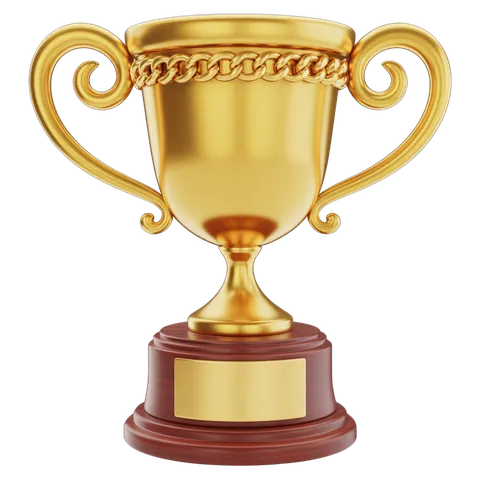 Golden trophy cup with handles and plaque for awards ceremony presentation and success celebration PNG