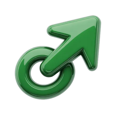 Green male gender symbol arrow icon with circular loop for medical health education and gender identity graphics PNG