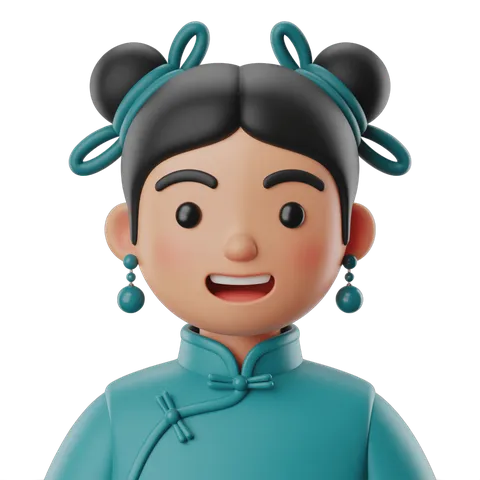 Happy asian girl cartoon character in traditional qipao dress with hair buns and earrings for illustrations PNG