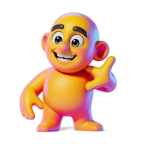 Happy cartoon bald character waving hand cheerful isolated clipart PNG