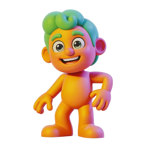 Happy cartoon boy character with green hair standing confidently for illustrations and designs PNG