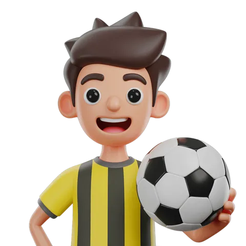 Happy cartoon boy in soccer jersey holding black and white ball for sports marketing and kids activities PNG