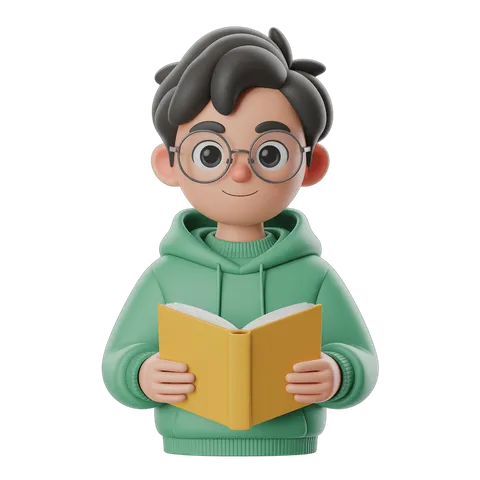 Happy cartoon boy reading an open book with glasses and green hoodie for education and learning content PNG