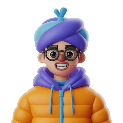 Happy cartoon boy with glasses wearing colorful turban and hoodie for cheerful illustrations and designs PNG