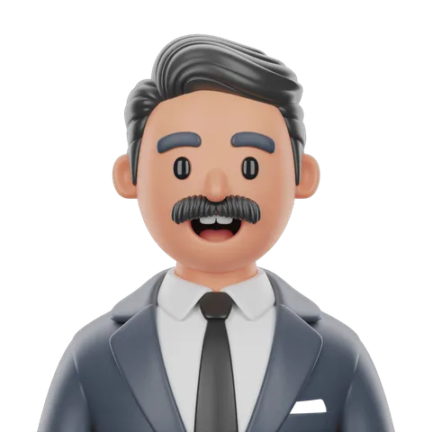 Happy cartoon businessman with mustache and tie for presentations and corporate illustrations PNG