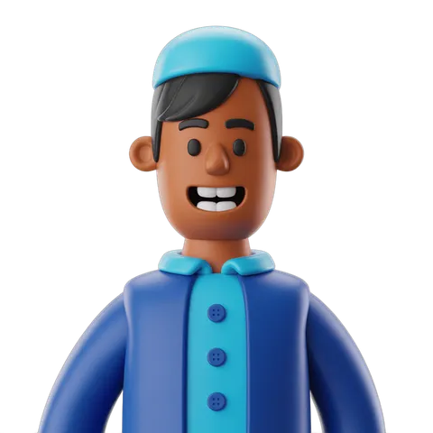 Happy cartoon character in blue uniform and cap smiling for cheerful educational or corporate presentations PNG