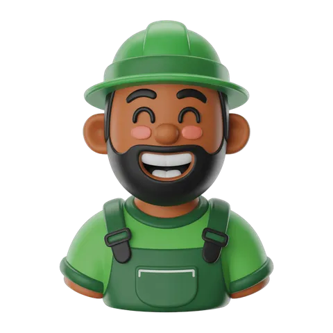 Happy cartoon farmer with green overalls and hard hat laughing cheerfully for agricultural content PNG