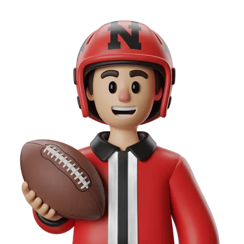 Happy cartoon football player in red jersey and helmet holding ball for sports graphics PNG