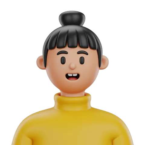 Happy cartoon girl with bun hair in yellow turtleneck isolated clipart for digital projects PNG