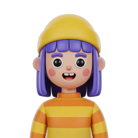 Happy cartoon girl with purple hair wearing yellow hard hat and striped shirt for construction education PNG