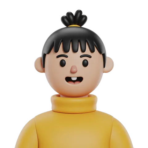 Happy cartoon girl with yellow turtleneck and black hair bun isolated clipart graphic element PNG