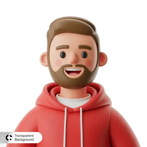Happy cartoon man in red hoodie with transparent background for digital presentations and marketing PNG