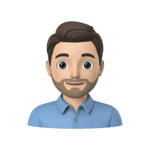 Happy cartoon man with beard in blue shirt for presentations and digital content PNG
