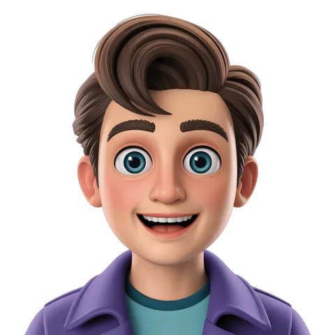 Happy cartoon man with curly hair in purple jacket for cheerful presentations and digital content PNG