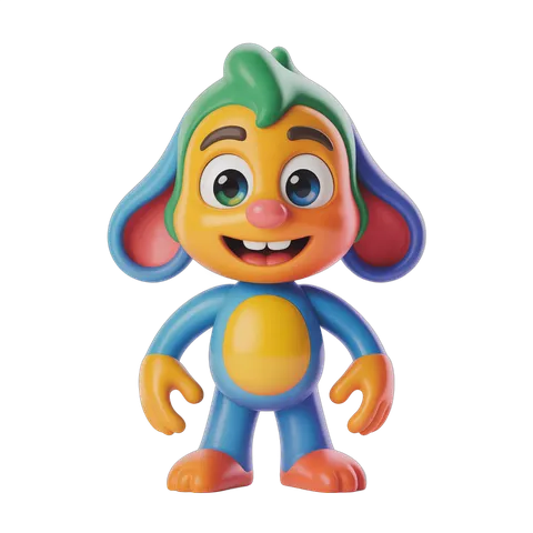Happy cartoon monkey character with green hair and blue outfit isolated clipart PNG