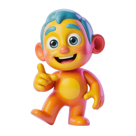 Happy cartoon monkey toy figure giving thumbs up isolated transparent background PNG