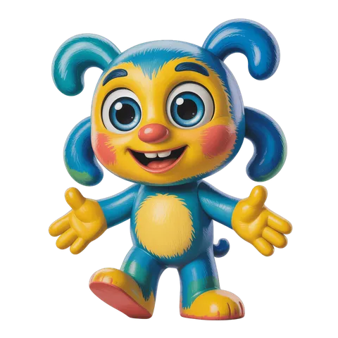 Happy cartoon monster character with blue pigtails waving arms isolated clipart PNG