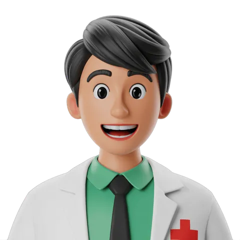Happy doctor with medical badge in white coat and green shirt for healthcare presentations PNG