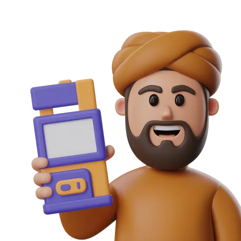 Happy man with vintage mobile phone showing screen isolated clipart for digital marketing and app promotion PNG