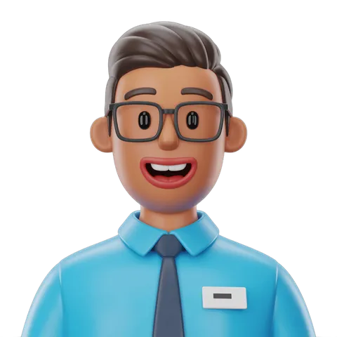 Happy smiling office worker with glasses and name tag in professional blue shirt and tie PNG