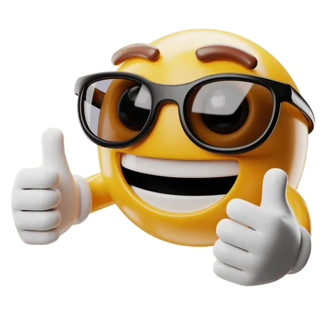 Happy yellow emoji with sunglasses giving two thumbs up isolated transparent clipart graphic PNG