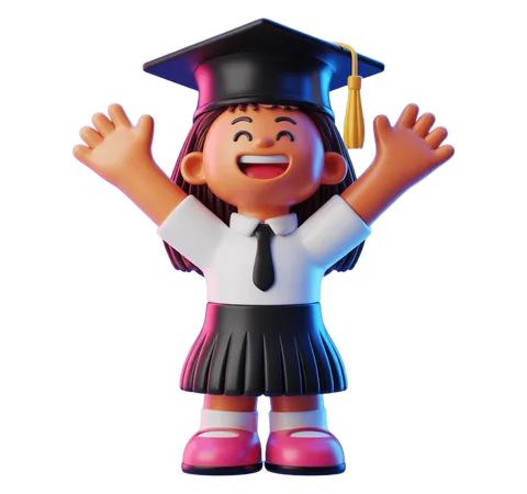 Happy young girl celebrating graduation with arms raised in school uniform and cap PNG
