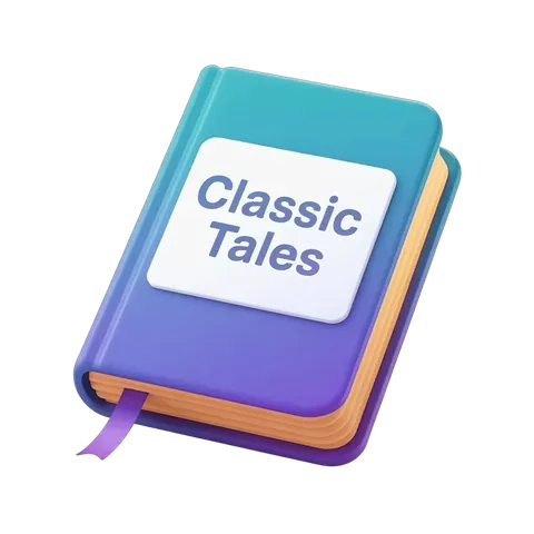 Illustrated classic tales book cover with teal and purple colors for educational and literary designs PNG