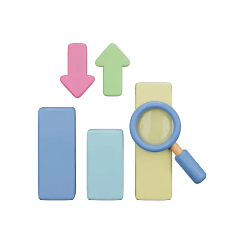 Isolated 3d bar chart icons with upward and downward arrows and magnifying glass for business analytics presentation PNG