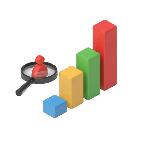 Isolated 3d bar chart with magnifying glass and person icon for business analytics and growth metrics PNG
