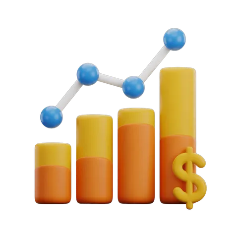 Isolated 3D bar chart with upward trend and dollar sign illustrating business growth and financial success PNG