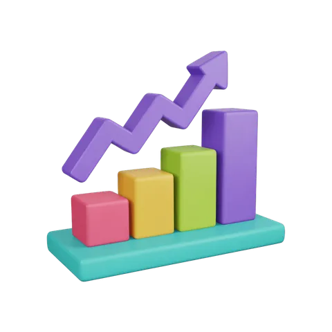 Isolated 3d bar chart with upward trend arrow for business growth and performance reports PNG