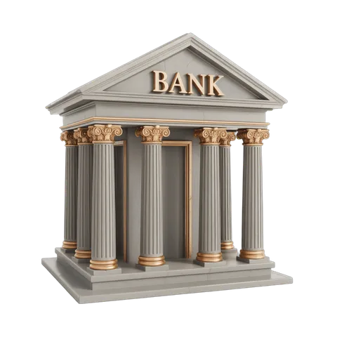Isolated 3D clipart bank building with columns for financial business presentations and websites PNG