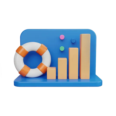 Isolated 3d clipart graphic of life preserver with rising bar chart on blue platform for business growth PNG